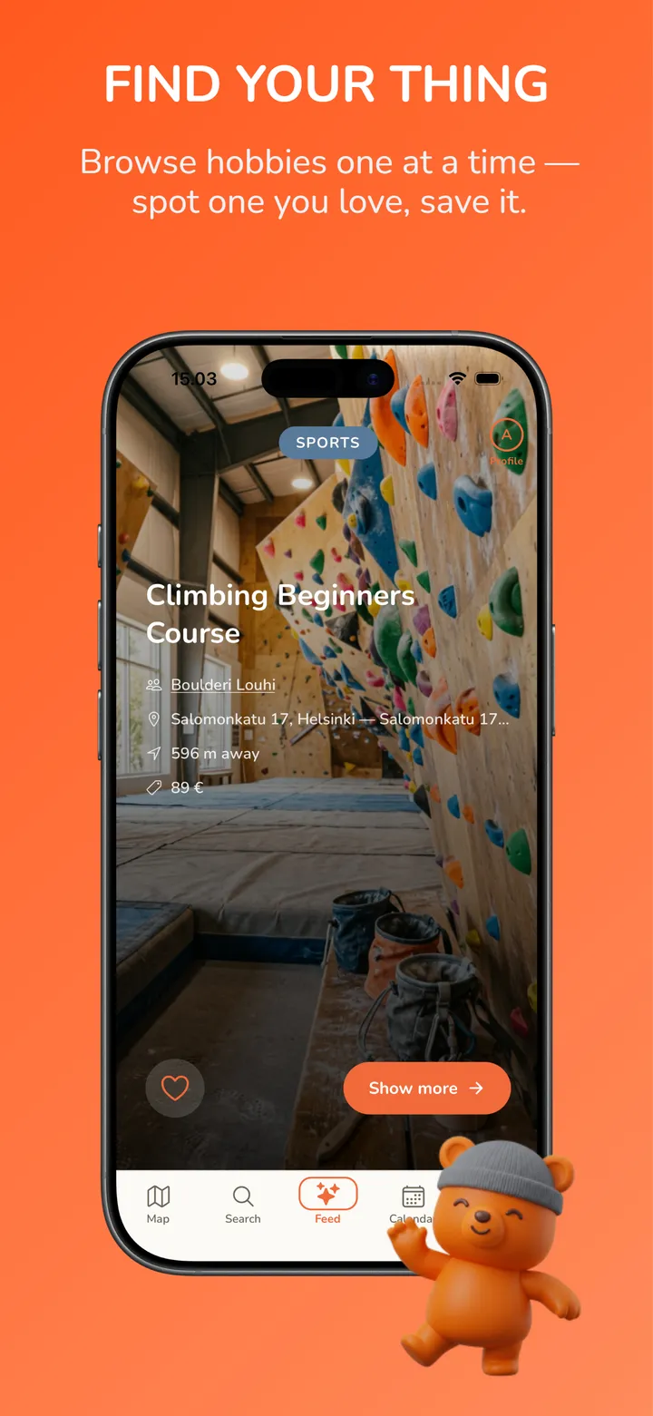 Find your thing: browse hobbies one at a time and save the ones you love. Screenshot of the SYKÄ feed showing a beginners climbing course.
