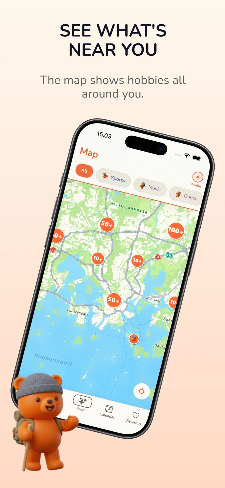 See what's near you: the map shows hobbies all around you. Screenshot of the SYKÄ map view.