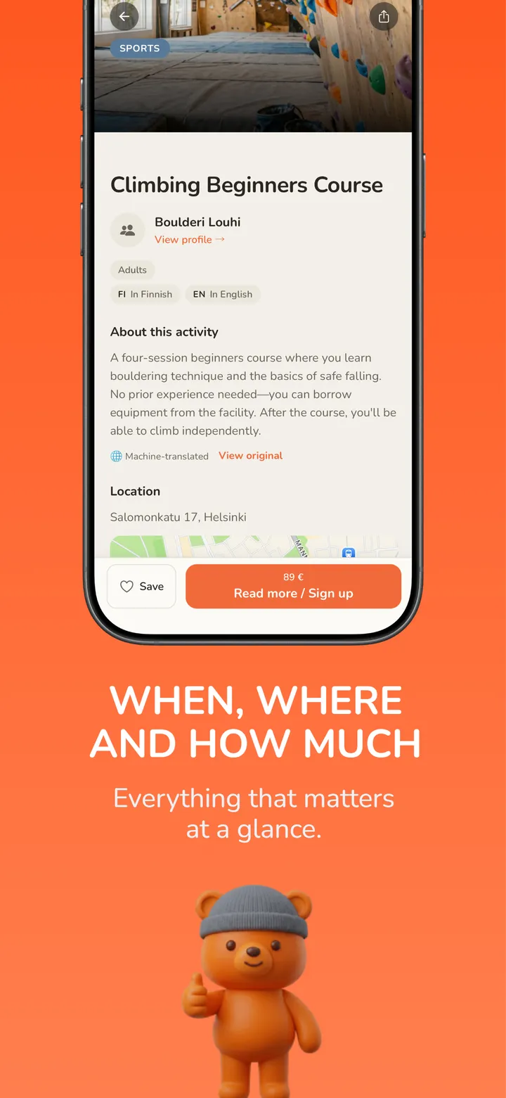 When, where and how much: everything that matters at a glance. Screenshot of an activity page with description, location and price.
