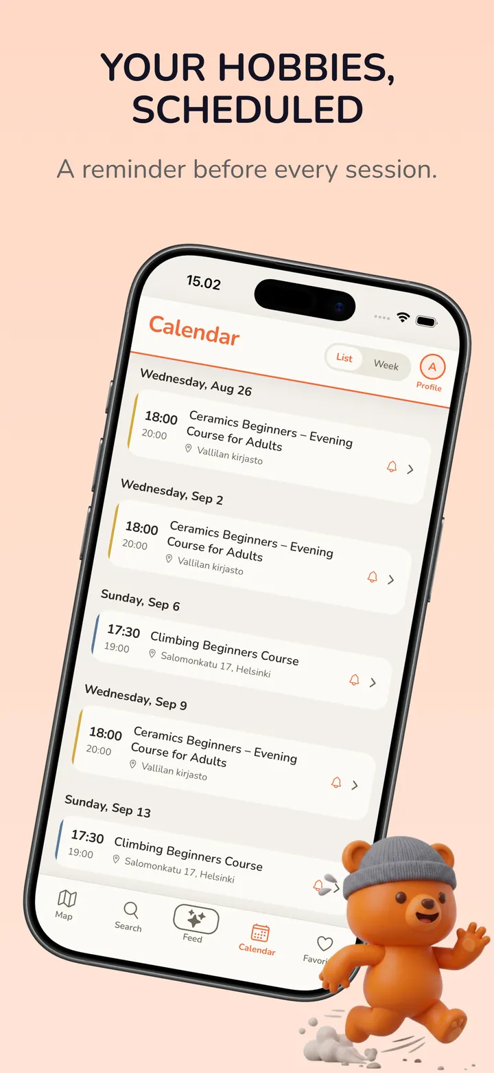 Your hobbies, scheduled: a reminder before every session. Screenshot of the SYKÄ calendar.