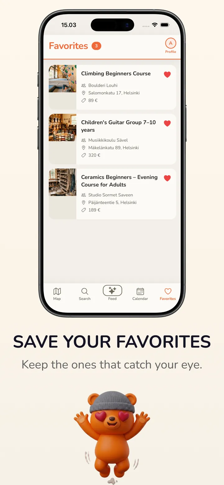 Save your favourites: keep the ones that catch your eye. Screenshot of the favourites list.