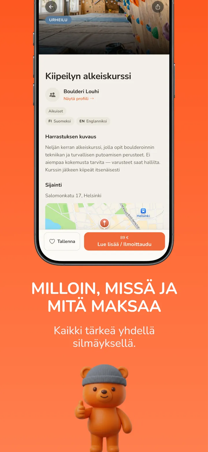 Milloin, missä ja mitä maksaa: kaikki tärkeä yhdellä silmäyksellä. Kuvakaappaus harrastuksen tiedoista, joissa kuvaus, sijainti ja hinta.
