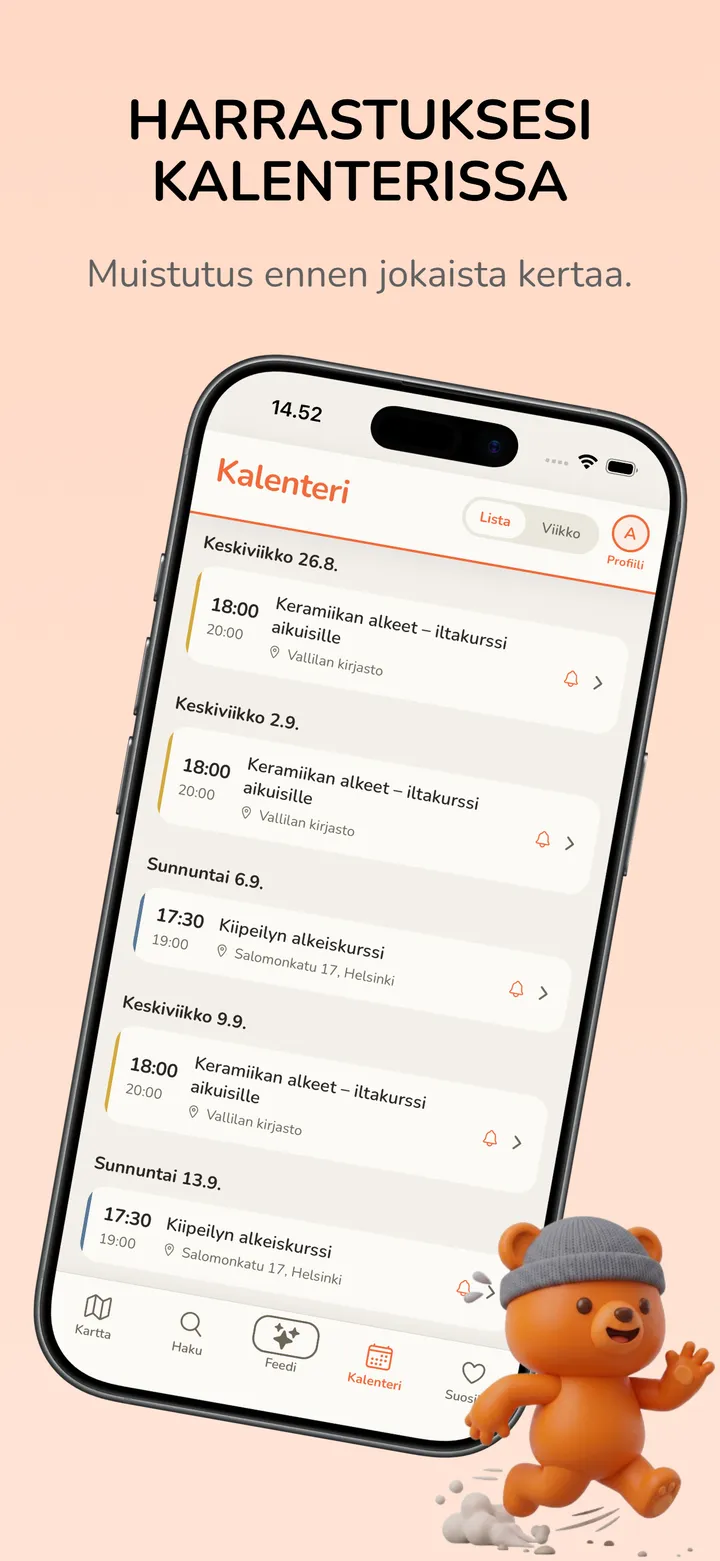 Harrastuksesi kalenterissa: muistutus ennen jokaista kertaa. Kuvakaappaus SYKÄn kalenterista.