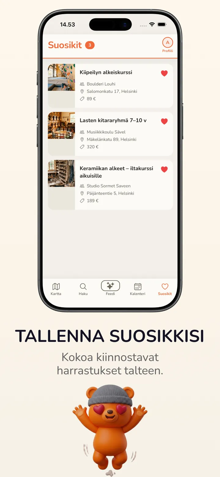 Tallenna suosikkisi: kokoa kiinnostavat harrastukset talteen. Kuvakaappaus suosikkilistasta.